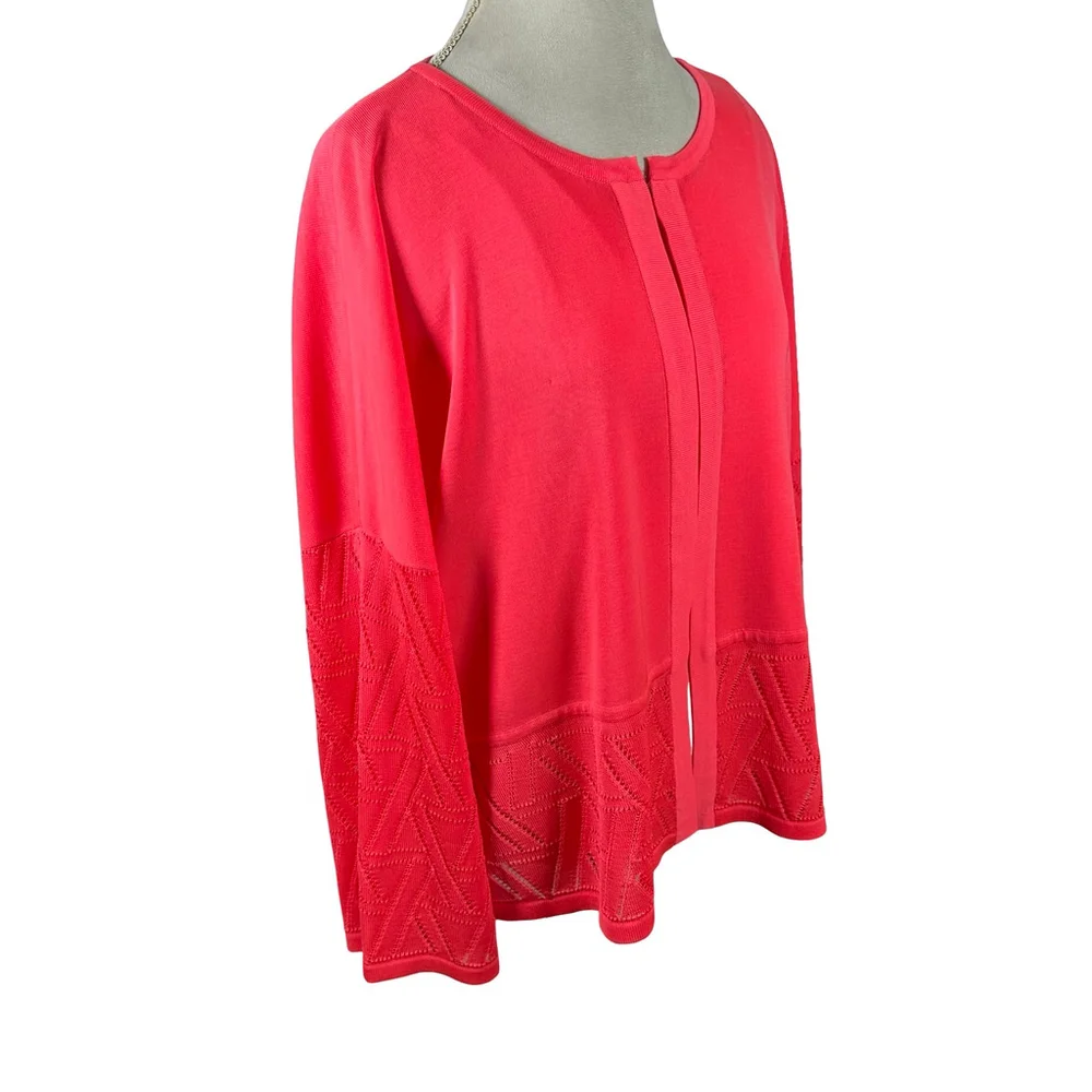 Misook Coral Pink Cardigan Diamond Cut-out Accents Boxy Artsy Chic Size XL